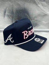 Load image into Gallery viewer, Close-up view of the Atlanta Braves MLB '47 Brand Navy Script Hitch Adjustable Snapback Hat highlighting the quality materials and stylish navy color.