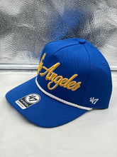 Load image into Gallery viewer, Elegant view of Los Angeles Rams NFL '47 Blue Script Hitch Snapback Adjustable Hat, featuring adjustable closure for a comfortable fit.