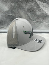 Load image into Gallery viewer, Lifestyle image of a person wearing the Philadelphia Eagles NFL '47 Brand Throwback Gray Trucker Adjustable Hat at a sporting event.