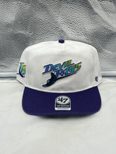 Load image into Gallery viewer, Tampa Bay Rays MLB '47 Throwback White TT Script Hitch Adjustable Snapback Hat showcasing classic design with adjustable snapback for comfort.