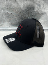 Load image into Gallery viewer, Side view of the Louisville Cardinals NCAA '47 Brand Black Trucker Mesh Adjustable Snapback Hat highlighting the breathable mesh back and adjustable snapback closure.