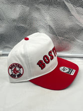 Load image into Gallery viewer, Boston Red Sox MLB '47 Brand White TT Script Hitch Adjustable Snapback Hat showcasing the embroidered Boston logo, designed for comfort and style.