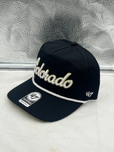 Load image into Gallery viewer, Close-up view of the Colorado Buffaloes NCAA '47 Brand Black Script Hitch Adjustable Snapback Hat, highlighting the adjustable strap and durable material for comfortable fit.