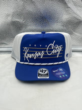 Load image into Gallery viewer, Kansas City Royals MLB '47 Brand Blue Script Hitch Rope Adjustable Snapback Hat, showcasing blue script design and adjustable fit, perfect for game-day and showcasing team pride.
