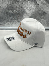 Load image into Gallery viewer, Close-up view of the Texas Longhorns NCAA '47 Brand White Script Hitch Adjustable Snapback Hat highlighting the bold script logo and clean white color.