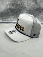 Load image into Gallery viewer, Iowa Hawkeyes NCAA 47 Brand White Script Rope Hitch Mesh Adjustable Snapback Hat showing the stylish design with white script on black background.