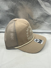 Load image into Gallery viewer, Lifestyle image of a fan wearing the Tampa Bay Rays MLB '47 Brand Throwback Khaki Hitch Mesh Adjustable Snapback Hat at a baseball game.