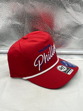 Load image into Gallery viewer, Philadelphia Phillies MLB '47 Brand Red Script Rope Hitch Adjustable Hat showcasing its eye-catching scripted logo and trendy rope detail.