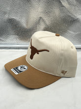 Load image into Gallery viewer, Close-up view of the Texas Longhorns NCAA '47 Brand Natural Two Tone Hitch Adjustable Snapback Hat emphasizing its quality materials and unique snapback feature.