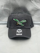 Load image into Gallery viewer, Philadelphia Eagles NFL '47 Throwback Gray Clean Up Adjustable Strapback Hat featuring a classic Eagles logo and retro design, perfect for showing team spirit.