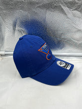 Load image into Gallery viewer, St Louis Blues NHL '47 Brand Throwback Blue Clean Up Adjustable Strapback Hat on display, perfect for hockey fans looking to support their team.