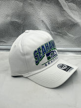 Load image into Gallery viewer, Close-up of the Seattle Seahawks NFL '47 Brand Throwback White Hitch Snapback Adjustable Hat showcasing quality construction and stylish design.