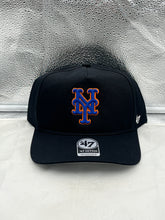 Load image into Gallery viewer, Front view of New York Mets MLB '47 Brand Black Hitch Adjustable Snapback Hat showcasing the iconic Mets logo.
