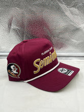 Load image into Gallery viewer, Close-up view of the Florida State Seminoles FSU NCAA '47 Brand Red Script Rope Hitch Adjustable Hat illustrating the adjustable strap and classic script design.