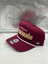 Load image into Gallery viewer, Florida State Seminoles FSU NCAA '47 Brand Red Script Rope Hitch Adjustable Hat displayed from the side, highlighting the adjustable strap and vintage rope detail for a trendy fan accessory.