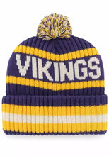 Load image into Gallery viewer, Close-up view of the Minnesota Vikings NFL '47 Brand Winter Beanie Knit Ski Cap Hat, highlighting the iconic team colors and logo, perfect for winter sports enthusiasts.