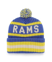 Load image into Gallery viewer, Los Angeles Rams NFL '47 Brand Winter Beanie Knit Ski Cap Hat features a cozy knit design, ideal for outdoor activities, highlighting its quality fabric and bold team spirit for die-hard Rams fans.