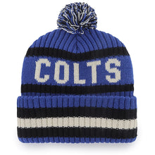 Load image into Gallery viewer, Close-up view of the Indianapolis Colts NFL '47 Brand Winter Beanie Knit Ski Cap Hat, highlighting the soft fabric and cozy fit for cold weather.