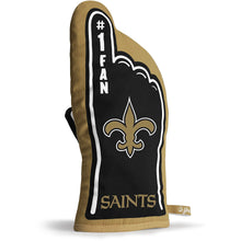 Load image into Gallery viewer, Close-up of New Orleans Saints NFL #1 Oven Mitt by You the Fan showcasing durable heat-resistant material and comfortable fit.