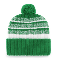 Load image into Gallery viewer, Close-up of the Philadelphia Eagles NFL '47 Brand Throwback Green Winter Beanie Knit Ski Cap Hat, highlighting the quality knit fabric and retro design perfect for fans.
