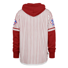 Load image into Gallery viewer, Philadelphia Phillies MLB '47 Brand White Pinstripe Lacer Men's Hoodie showcasing its stylish pinstripe design and bold team logo, perfect for baseball fans and casual wear.