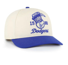Load image into Gallery viewer, Close-up of the Los Angeles Dodgers 1988 World Series MLB '47 Brand Natural Hitch Adjustable Hat showing its embroidered logo and adjustable strap, a must-have Los Angeles Dodgers hat.