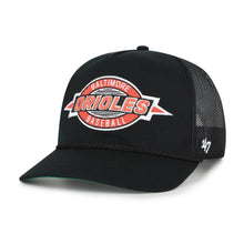 Load image into Gallery viewer, Close-up view of Baltimore Orioles MLB '47 Throwback Black Hitch Rope Adjustable Snapback Hat, highlighting the quality materials and iconic team logo for Baltimore Orioles hat enthusiasts.