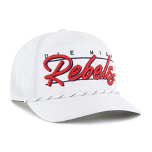 Load image into Gallery viewer, Close-up view of the Ole Miss Rebels NCAA '47 Brand White Script Hitch Rope Adjustable Snapback Hat, showcasing the vibrant team colors and logo, ideal for Ole Miss Rebels hat enthusiasts.