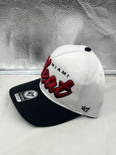 Load image into Gallery viewer, Miami Heat NBA '47 Brand White Two Tone Script Hitch Adjustable Snapback Hat side view highlighting the stylish two-tone color scheme.