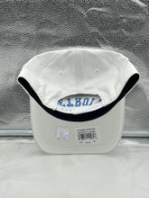 Load image into Gallery viewer, Close-up view of the Detroit Lions NFL '47 Brand White Reversed Script Hitch Snapback Adjustable Hat highlighting the reversed script logo and adjustable strap feature.