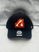 Load image into Gallery viewer, Front view of the Atlanta Flames NHL '47 Brand Throwback Black MVP Adjustable Hat showcasing the classic logo and stylish design.
