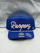 Load image into Gallery viewer, Texas Rangers MLB '47 Brand Blue Script Hitch Rope Adjustable Snapback Hat front view showcasing the iconic blue script design.