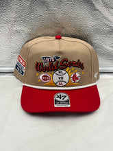 Load image into Gallery viewer, Reds Vs Red Sox 1975 World Series Dueling MLB '47 Khaki Hitch Adjustable Hat - front view showcasing embroidered design and adjustable strap.