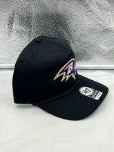 Load image into Gallery viewer, Back view of the Baltimore Ravens NFL '47 Brand Black Rope Hitch Snapback Adjustable Hat highlighting the adjustable feature for comfort and fit, a stylish choice for any Baltimore Ravens hat wearer.