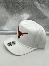 Load image into Gallery viewer, Close-up of the Texas Longhorns NCAA '47 Brand White Hitch Rope Adjustable Snapback Hat showcasing the adjustable snapback closure, perfect for men and women.