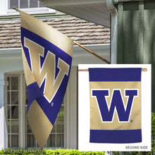 Load image into Gallery viewer, Close-up of the Washington Huskies NCAA Wincraft Double Sided 28" x 40" Banner Flag, featuring detailed graphics and vibrant colors, a premium Washington Huskies banner for any sports enthusiast.