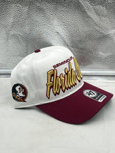 Load image into Gallery viewer, Close-up view of the Florida State Seminoles FSU NCAA '47 Brand White Script Hitch Adjustable Hat highlighting adjustable strap and quality embroidery.