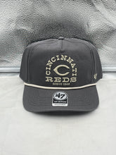 Load image into Gallery viewer, Cincinnati Reds MLB '47 Brand Gray Ranchero Script Hitch Adjustable Snapback Hat showcasing the classic Ranchero script design on a stylish gray cap, perfect for any Reds fan.