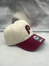 Load image into Gallery viewer, Side angle of the Philadelphia Phillies MLB '47 Throwback Natural Two Tone Clean Up Adjustable Hat highlighting its relaxed crown and adjustable strap.