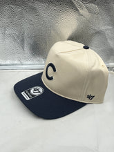 Load image into Gallery viewer, Side profile of Chicago Cubs MLB '47 Brand Natural Two Tone Hitch Adjustable Snapback Hat, highlighting the two-tone color scheme.