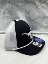 Load image into Gallery viewer, Texas Longhorns NCAA '47 Brand Black Trucker Rope Adjustable Snapback Hat featured on a mannequin to illustrate fit and style.