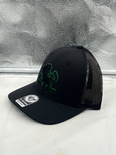 Load image into Gallery viewer, Close-up of the Notre Dame Fighting Irish NCAA '47 Brand Black Adjustable Trucker Snapback Hat displaying the iconic team logo and premium materials.