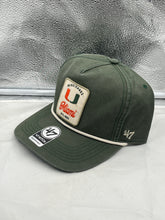 Load image into Gallery viewer, Close-up of Miami Hurricanes NCAA '47 Brand Green Hitch Adjustable Snapback Hat displaying the structured fit and adjustable snapback feature.
