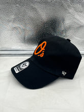 Load image into Gallery viewer, Close-up view of the Baltimore Orioles MLB '47 Brand Black Clean Up Adjustable Hat highlighting the unstructured design and curved visor, perfect for fan engagement.