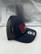 Load image into Gallery viewer, Gonzaga Bulldogs NCAA '47 Brand Navy Blue Trucker Mesh Adjustable Hat displayed on a mannequin, showcasing the bold Gonzaga logo and breathable mesh design.