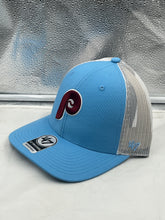 Load image into Gallery viewer, Close-up view of the front of the Philadelphia Phillies MLB '47 Throwback Blue Trucker Snapback Adjustable Hat highlighting the iconic Phillies logo.