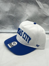 Load image into Gallery viewer, Side view of the Kansas City Royals MLB '47 Brand White TT Script Hitch Adjustable Snapback Hat highlighting its adjustable snapback feature for a perfect fit.