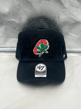 Load image into Gallery viewer, Ohio State Buckeyes NCAA '47 Brand Throwback Black Adjustable Strapback Hat displayed showcasing its classic design and team logo.
