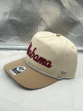 Load image into Gallery viewer, Close-up of the Alabama Crimson Tide NCAA 47 Brand Natural Script Hitch Adjustable Snapback Hat emphasizing the natural script logo. Essential Alabama Crimson Tide hat for game day.