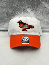 Load image into Gallery viewer, Baltimore Orioles MLB '47 Brand Throwback White Clean Up Adjustable Hat showcasing a vintage design, perfect for game days and casual outings.